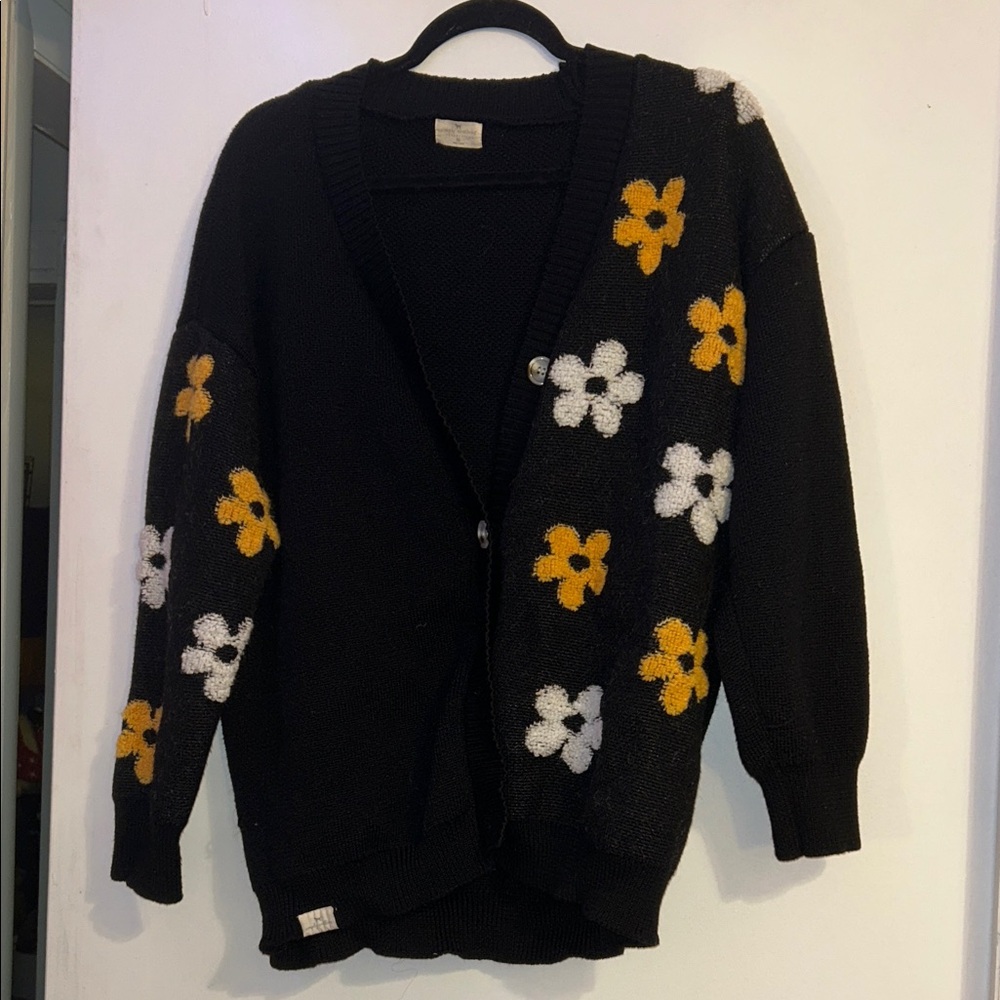 Simply Southern Black Cardigan with Yellow and White Flowers